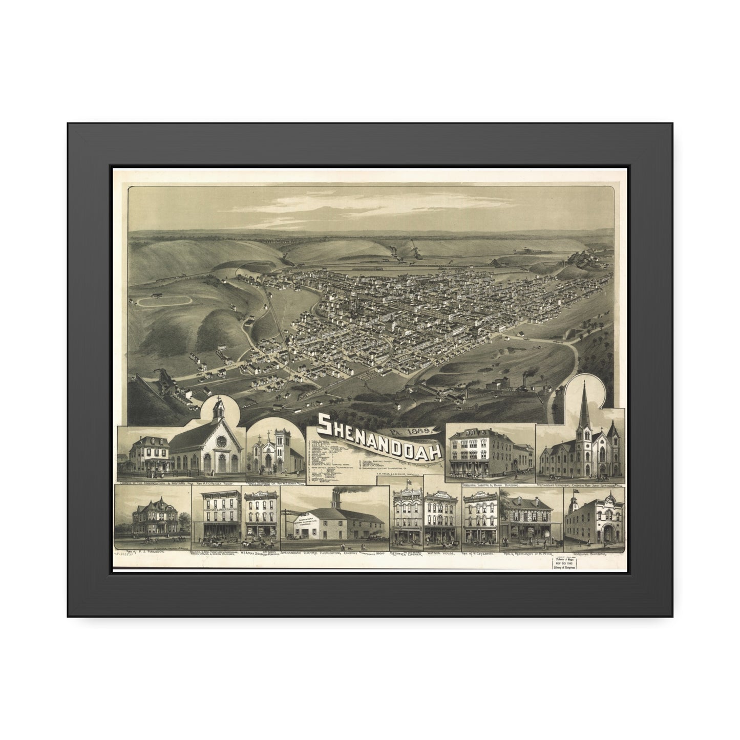 Bird's-Eye View of Shenandoah, 1889 (T. M. Fowler) — Framed