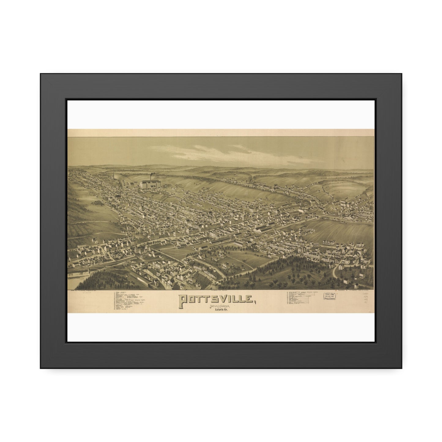 Bird's-Eye View of Pottsville, 1889 (T. M. Fowler) — Framed
