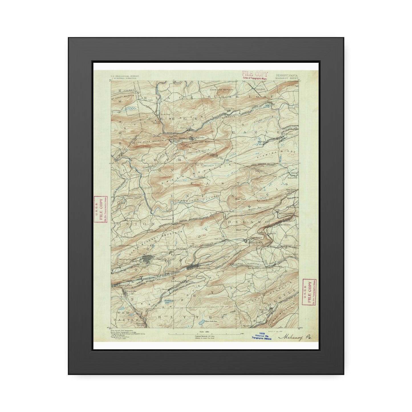 USGS Topographic Map — Mahanoy Quadrangle, 1892 — Framed