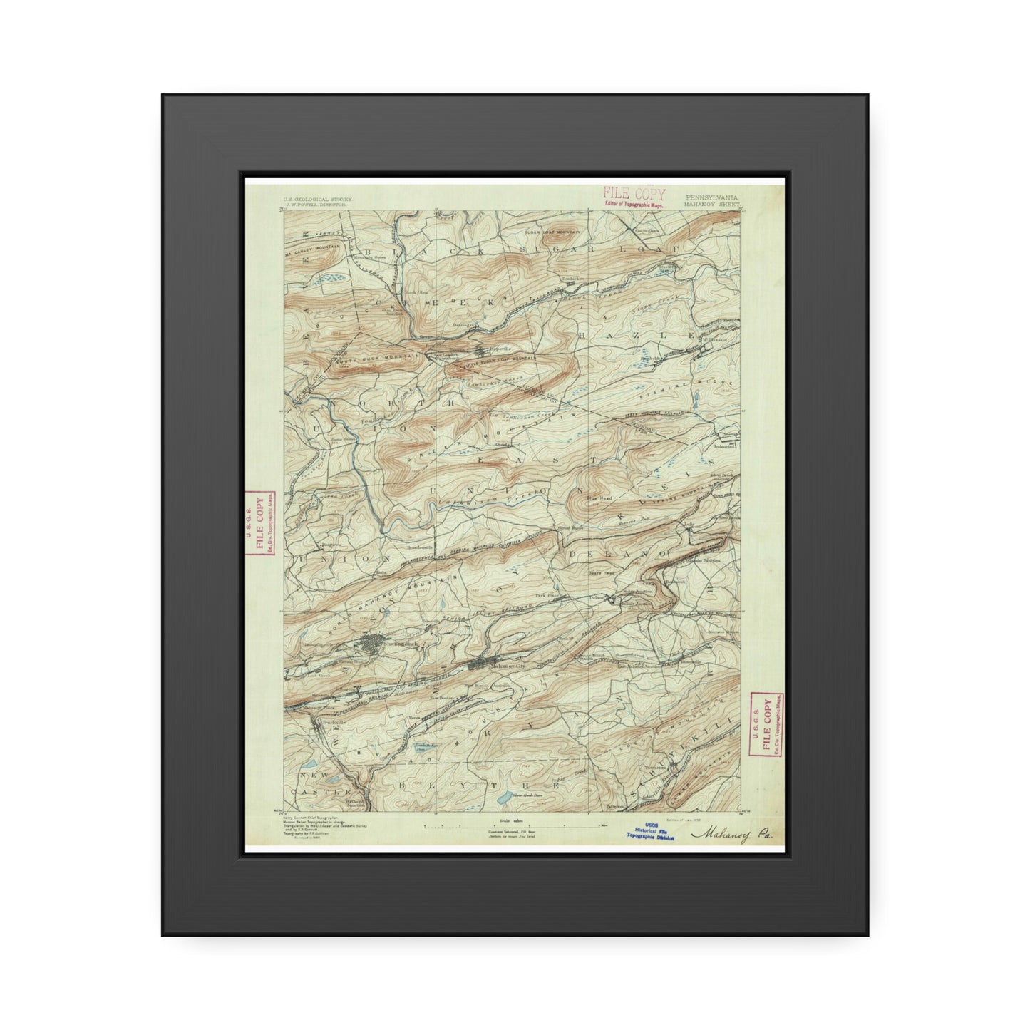 USGS Topographic Map — Mahanoy Quadrangle, 1892 — Framed