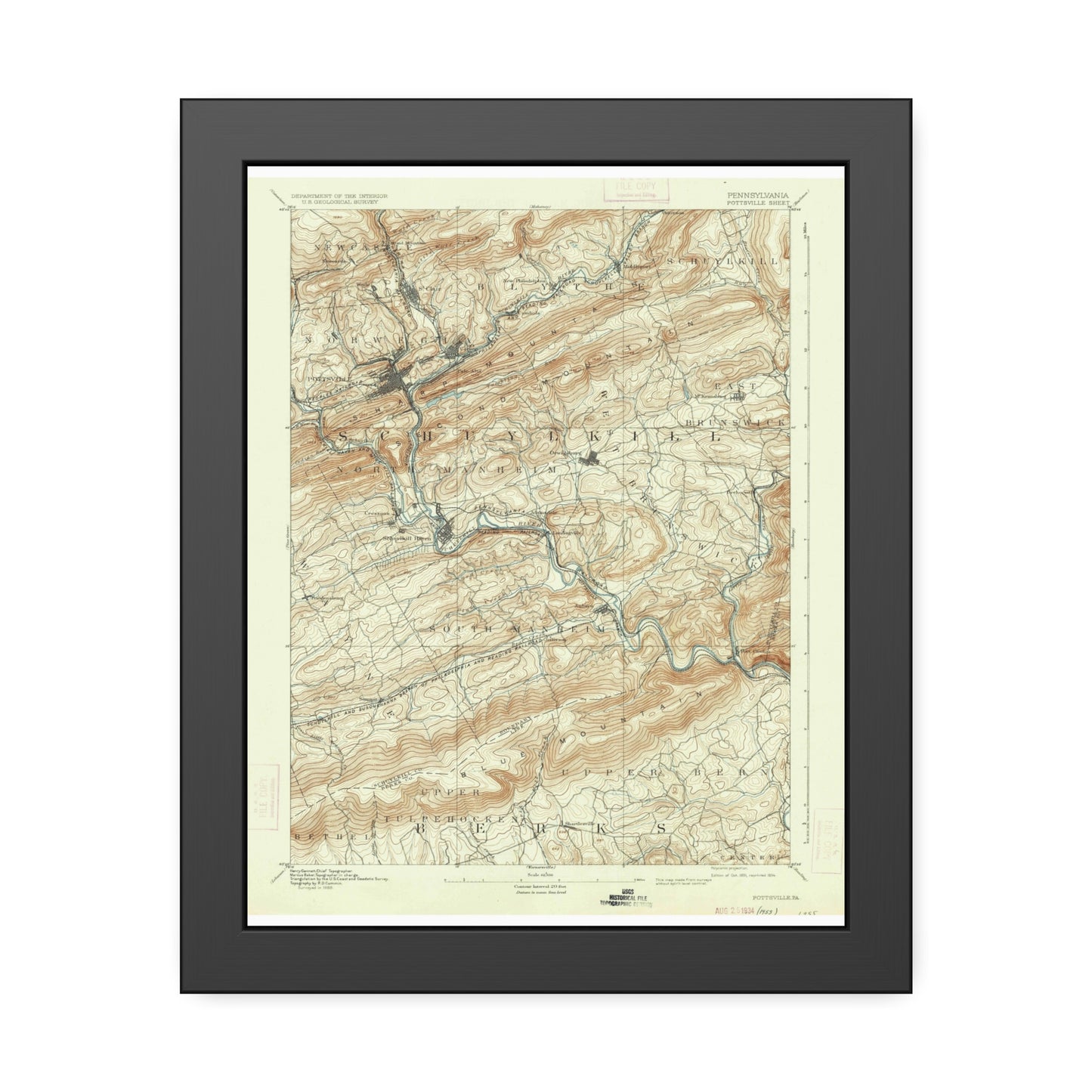 USGS Topographic Map — Pottsville Quadrangle, 1891 — Framed