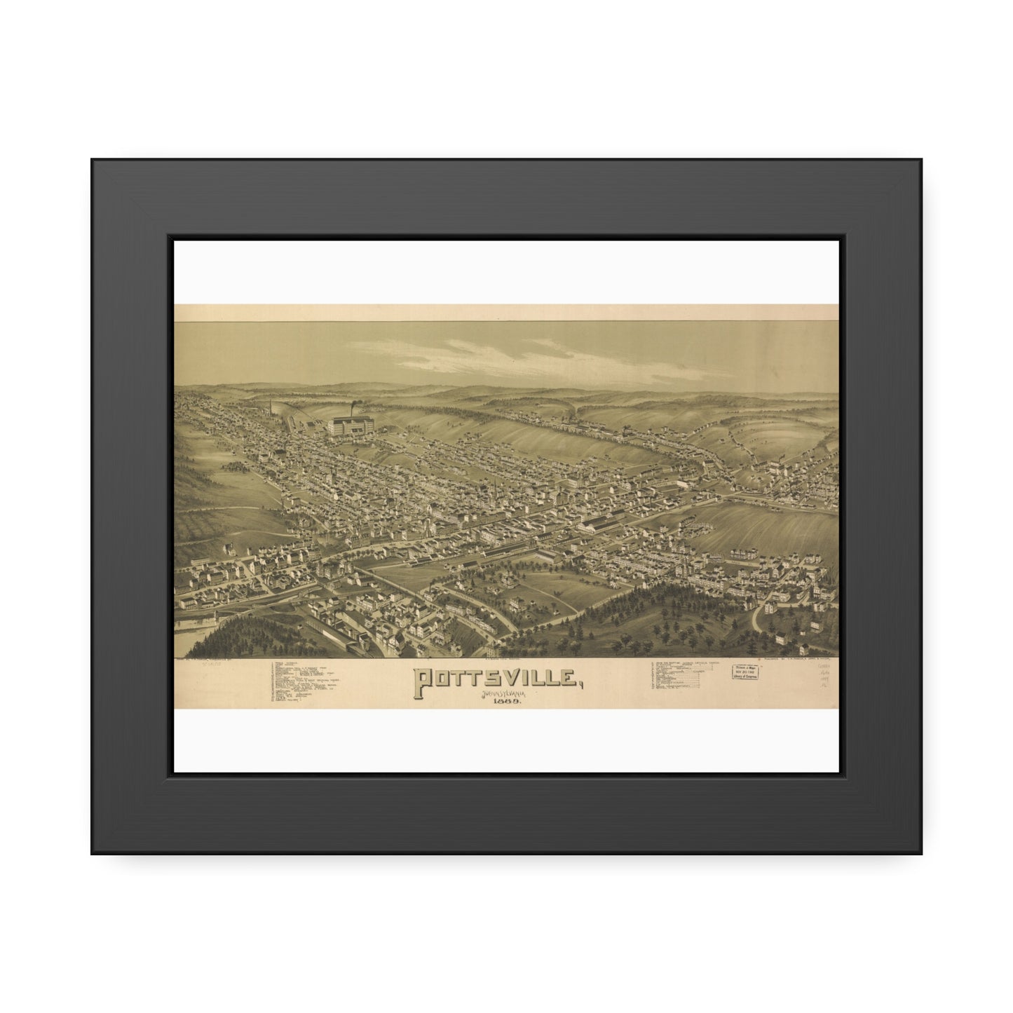 Bird's-Eye View of Pottsville, 1889 (T. M. Fowler) — Framed