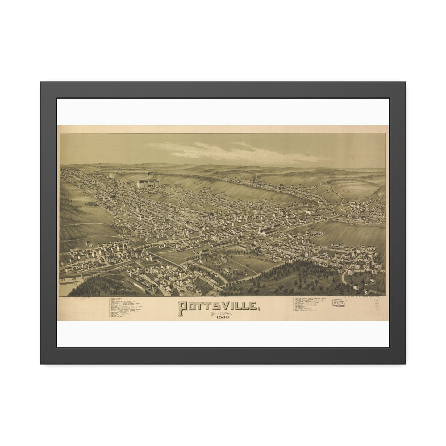 Bird's-Eye View of Pottsville, 1889 (T. M. Fowler) — Framed