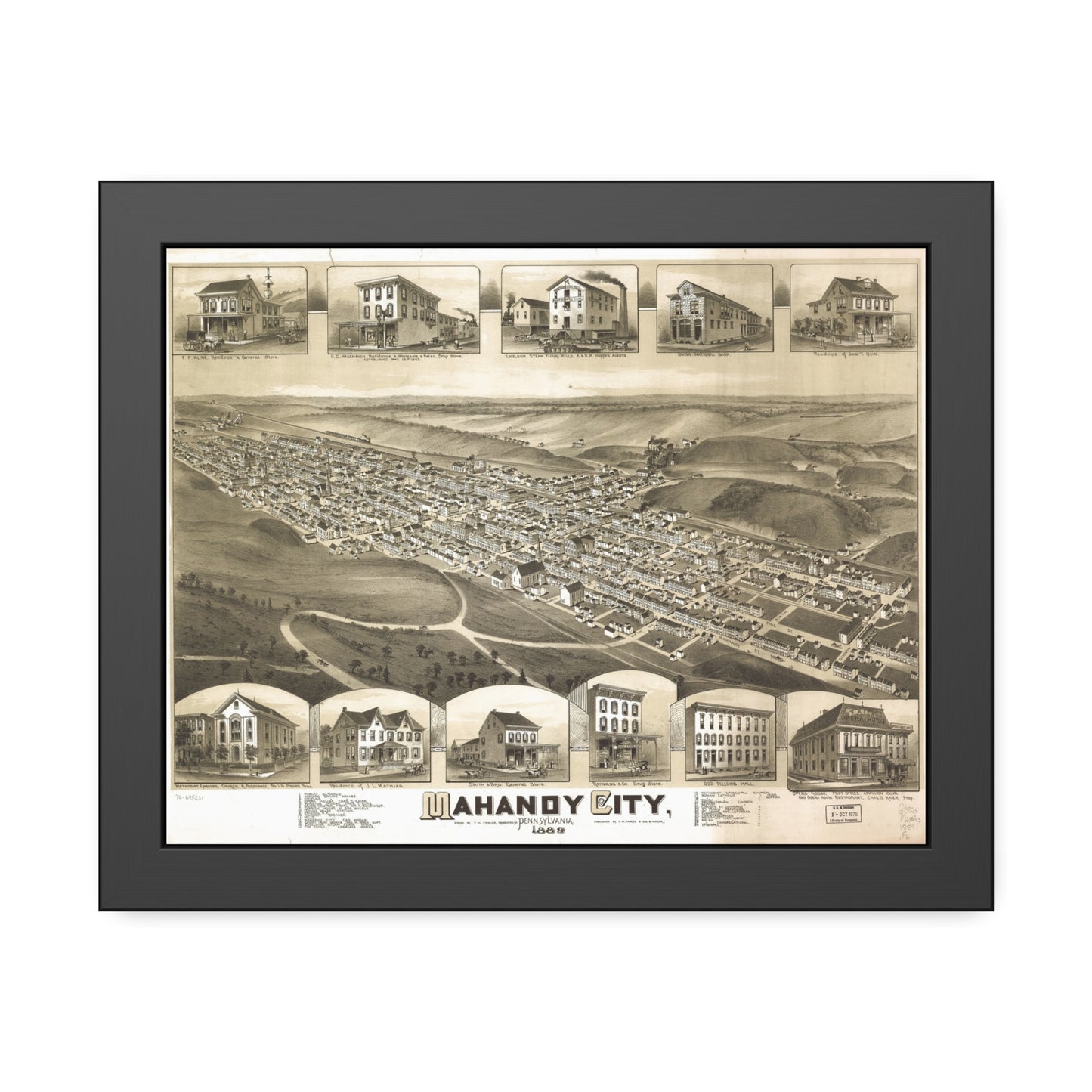 Bird's-Eye View of Mahanoy City, 1889 (T. M. Fowler) — Framed