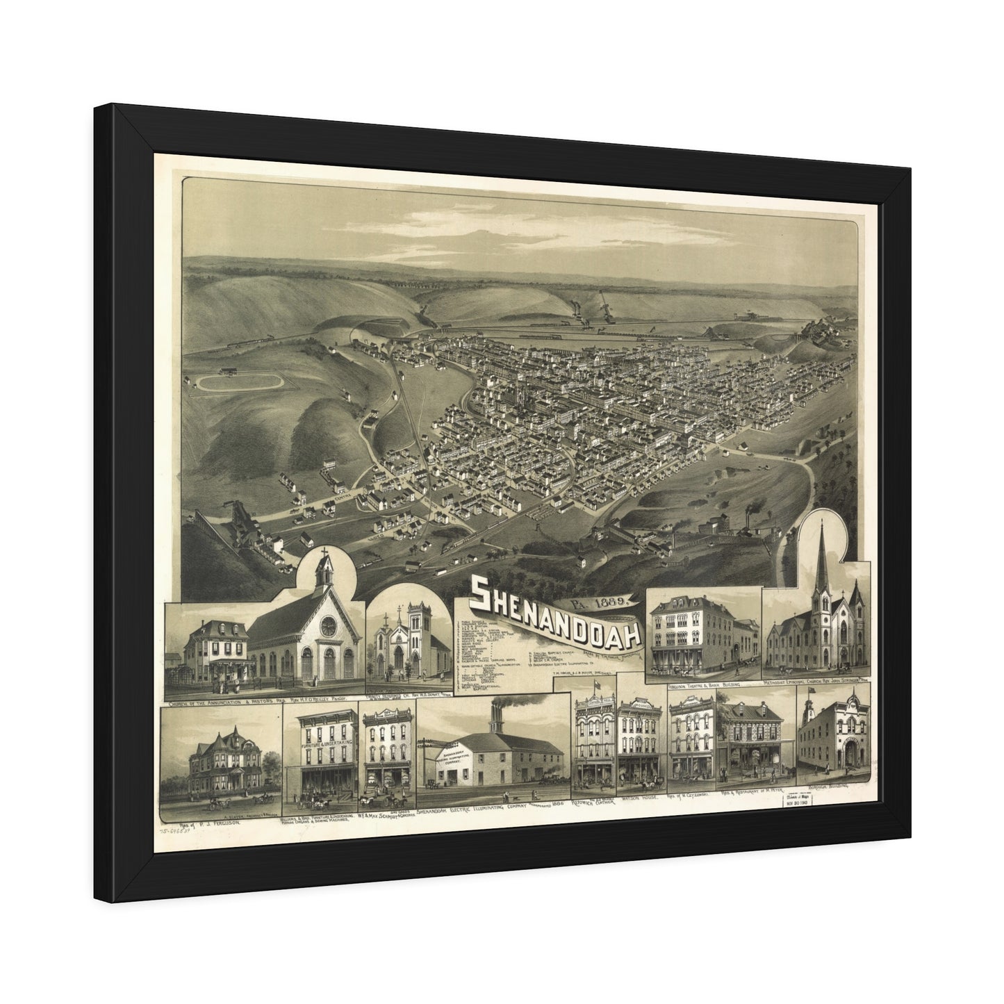 Bird's-Eye View of Shenandoah, 1889 (T. M. Fowler) — Framed