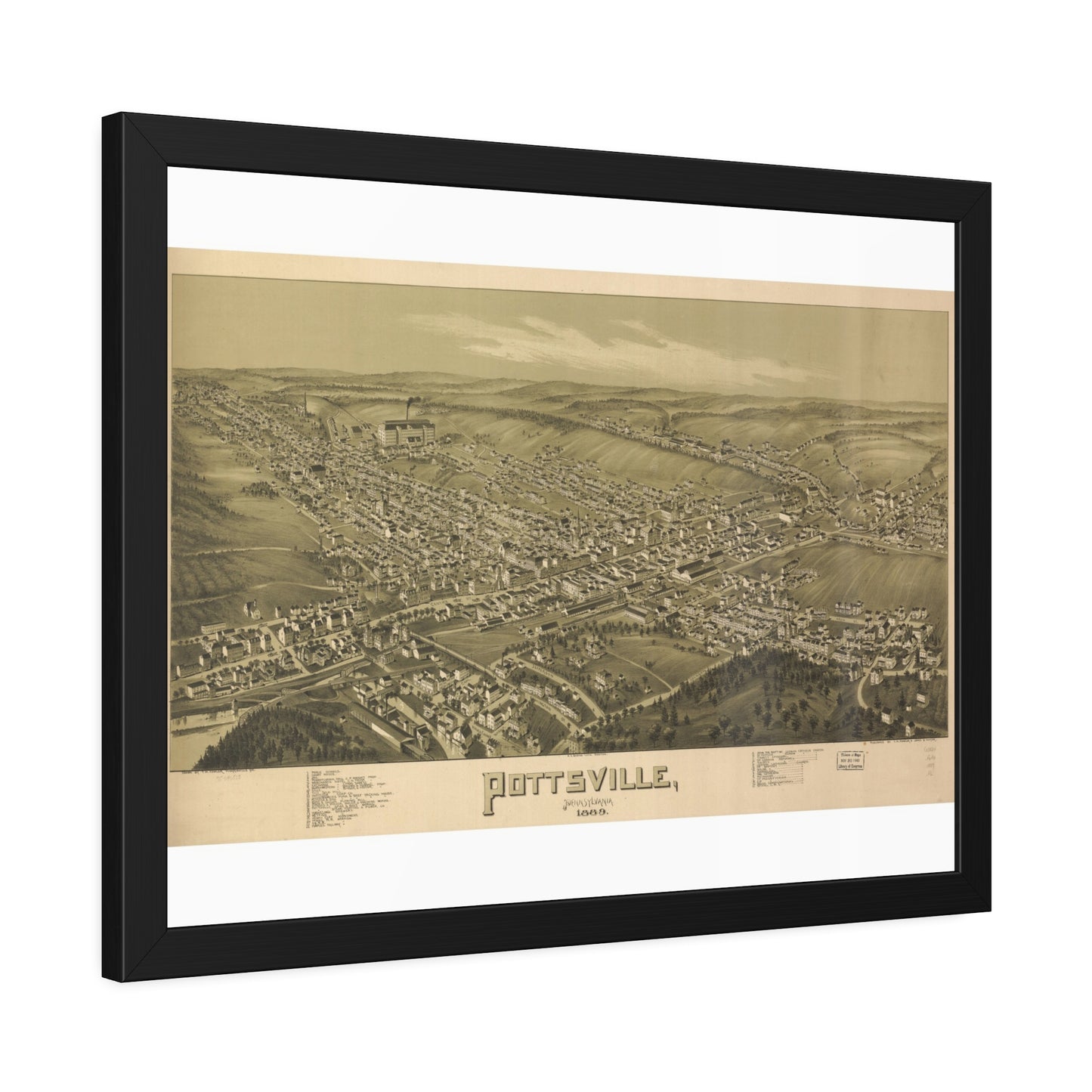 Bird's-Eye View of Pottsville, 1889 (T. M. Fowler) — Framed