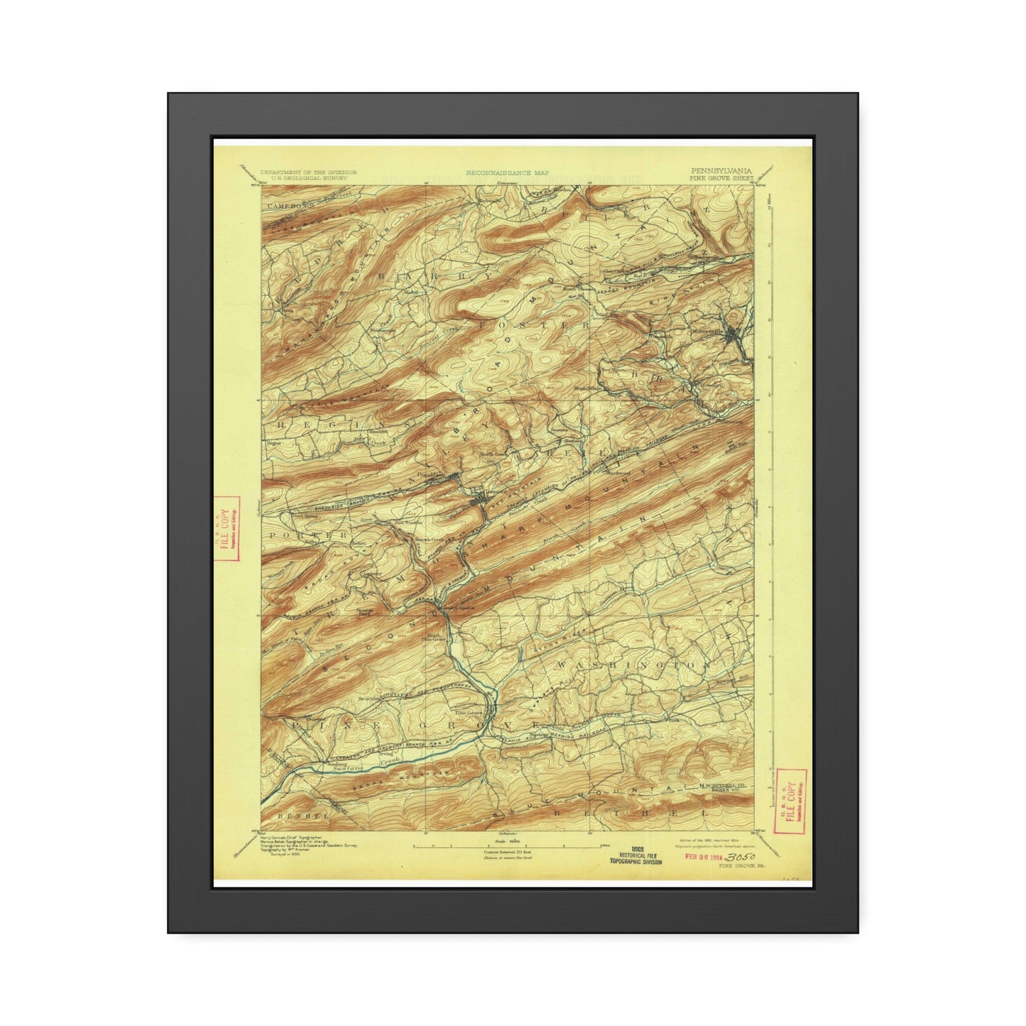 USGS Topographic Map — Pine Grove Quadrangle, 1892 — Framed