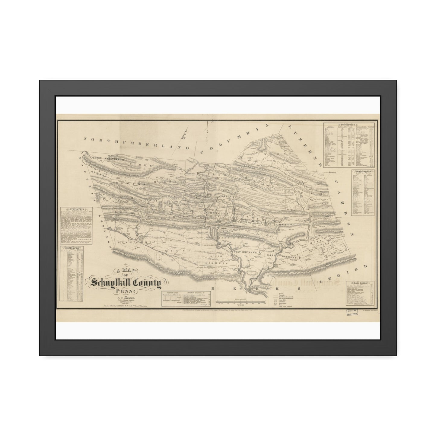 A Map of Schuylkill County, Penna. (Sheafer / Barnes) — Framed