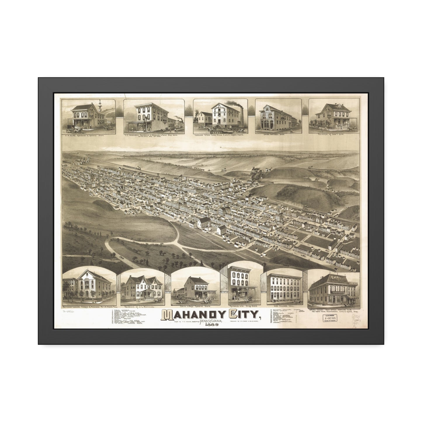 Bird's-Eye View of Mahanoy City, 1889 (T. M. Fowler) — Framed
