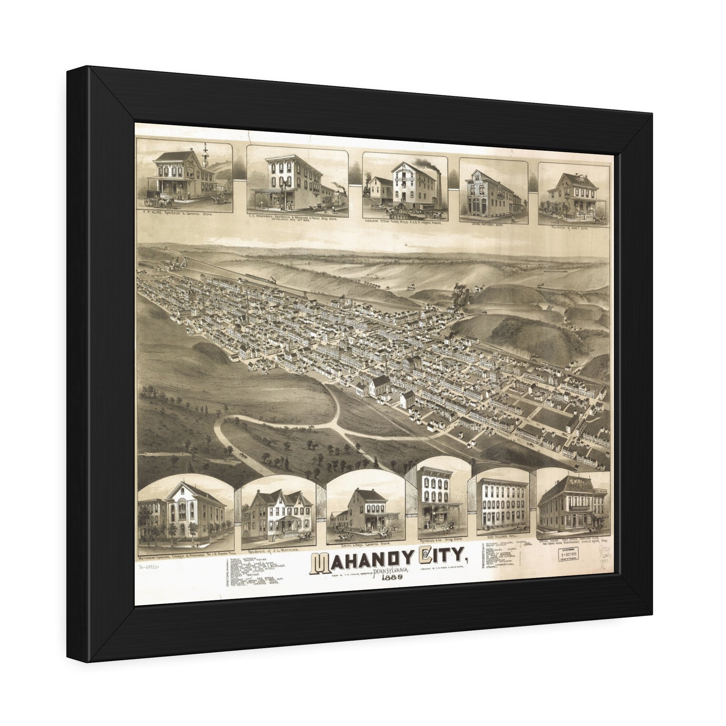 Bird's-Eye View of Mahanoy City, 1889 (T. M. Fowler) — Framed