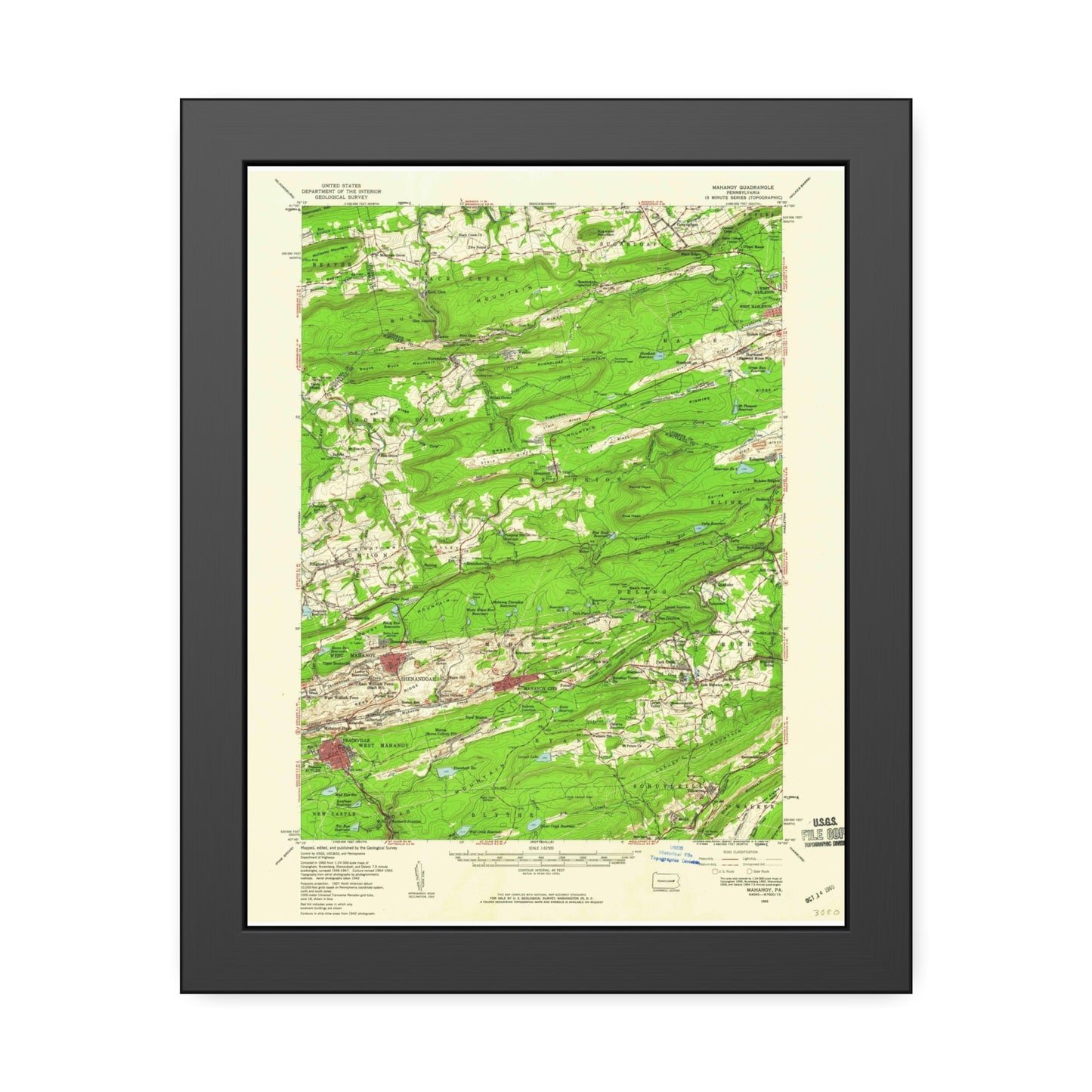 USGS Topographic Map — Mahanoy Quadrangle, 1955 — Framed