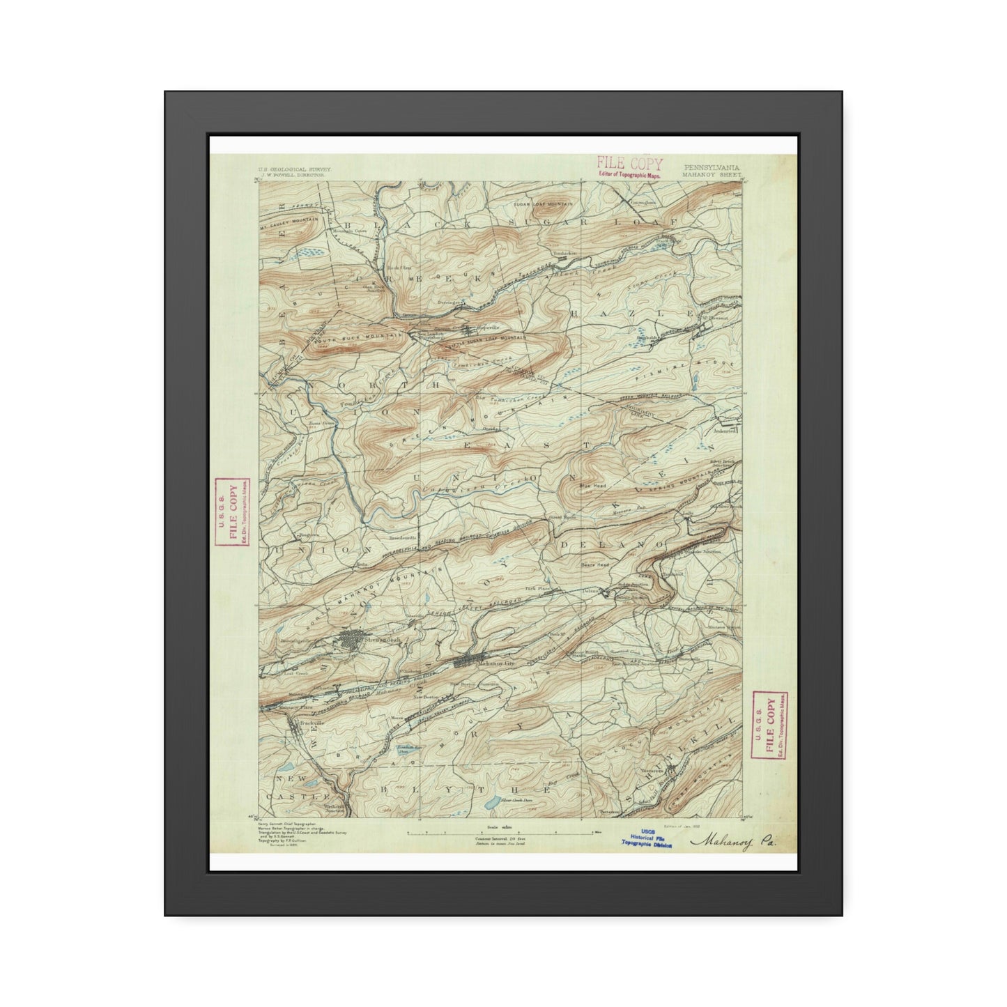 USGS Topographic Map — Mahanoy Quadrangle, 1892 — Framed