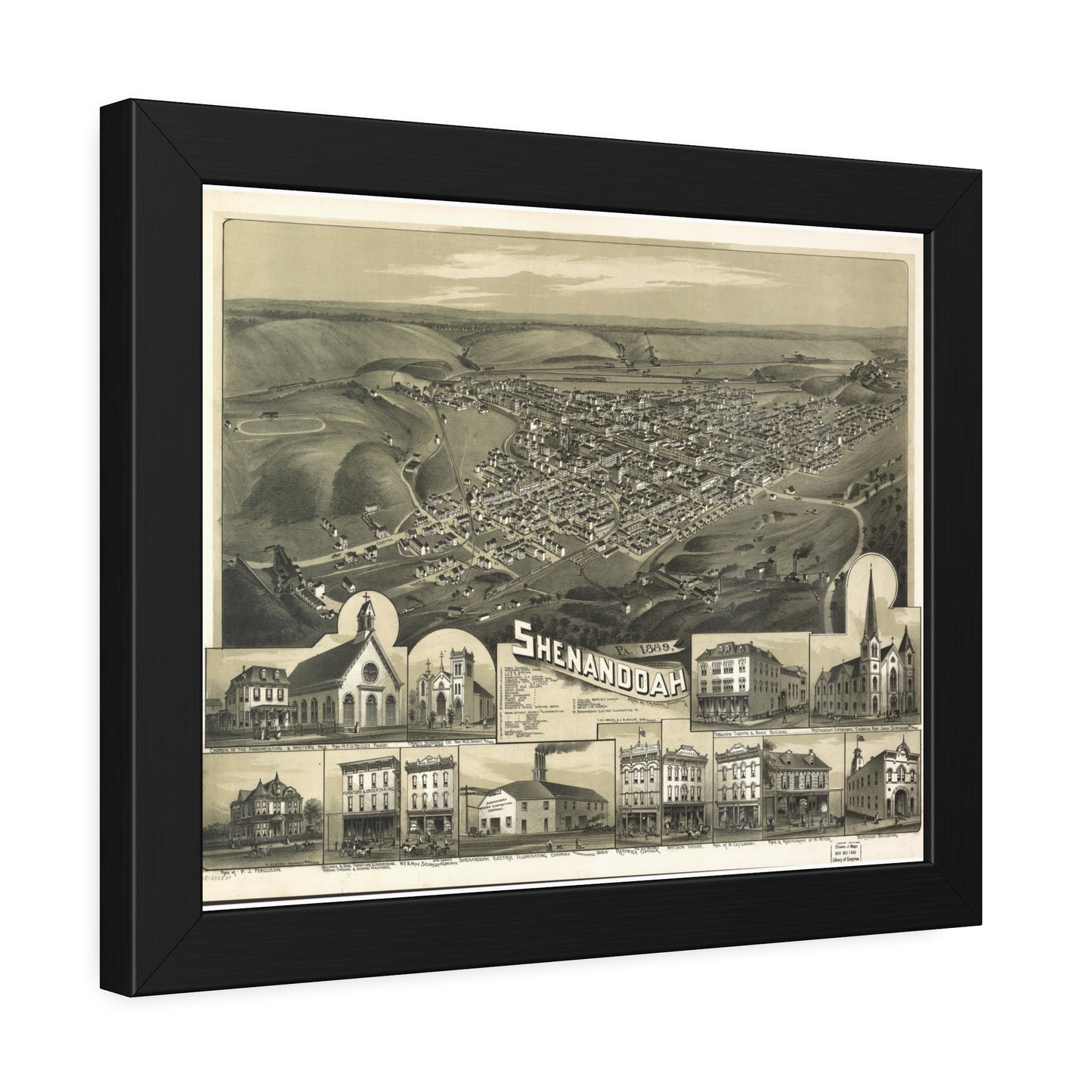 Bird's-Eye View of Shenandoah, 1889 (T. M. Fowler) — Framed