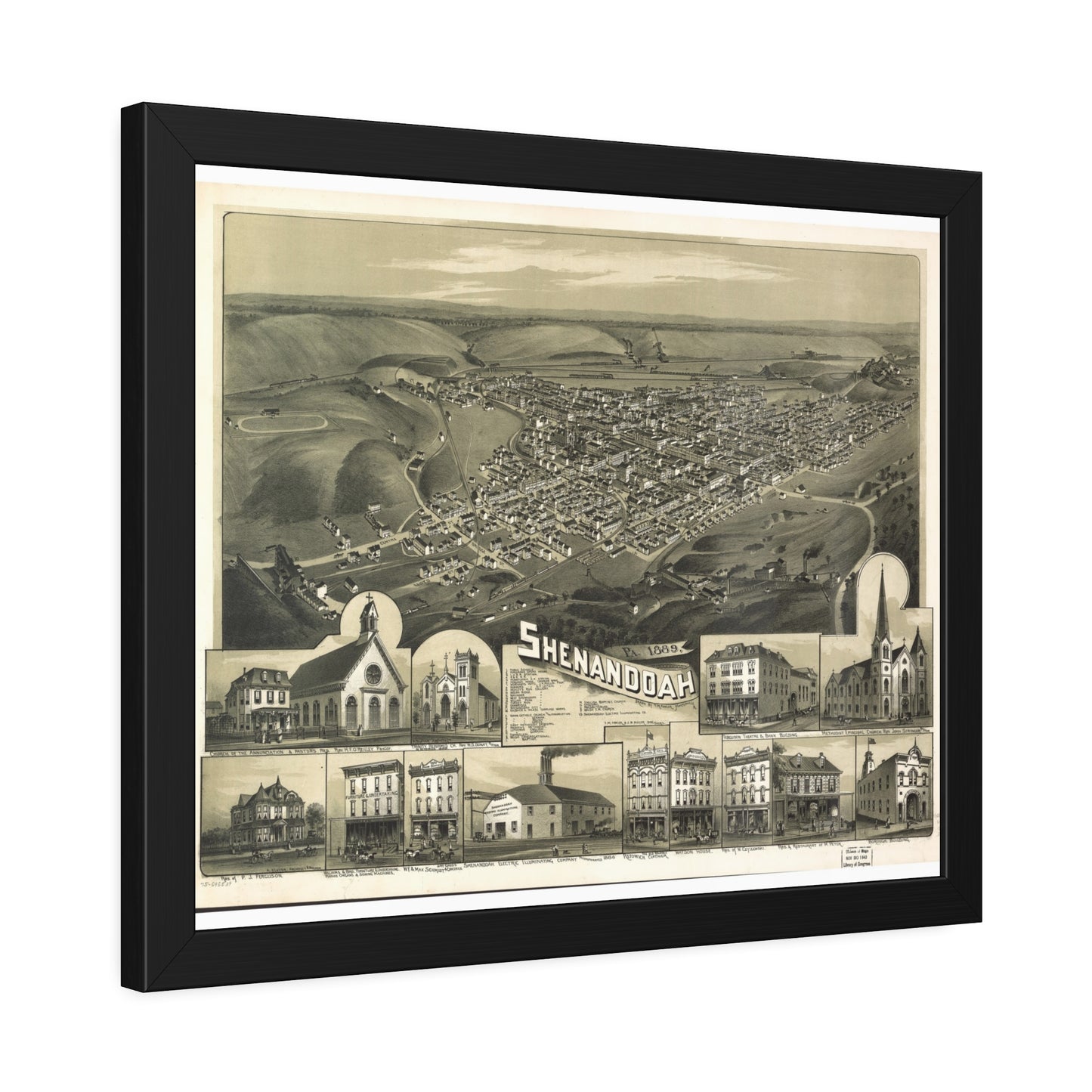 Bird's-Eye View of Shenandoah, 1889 (T. M. Fowler) — Framed