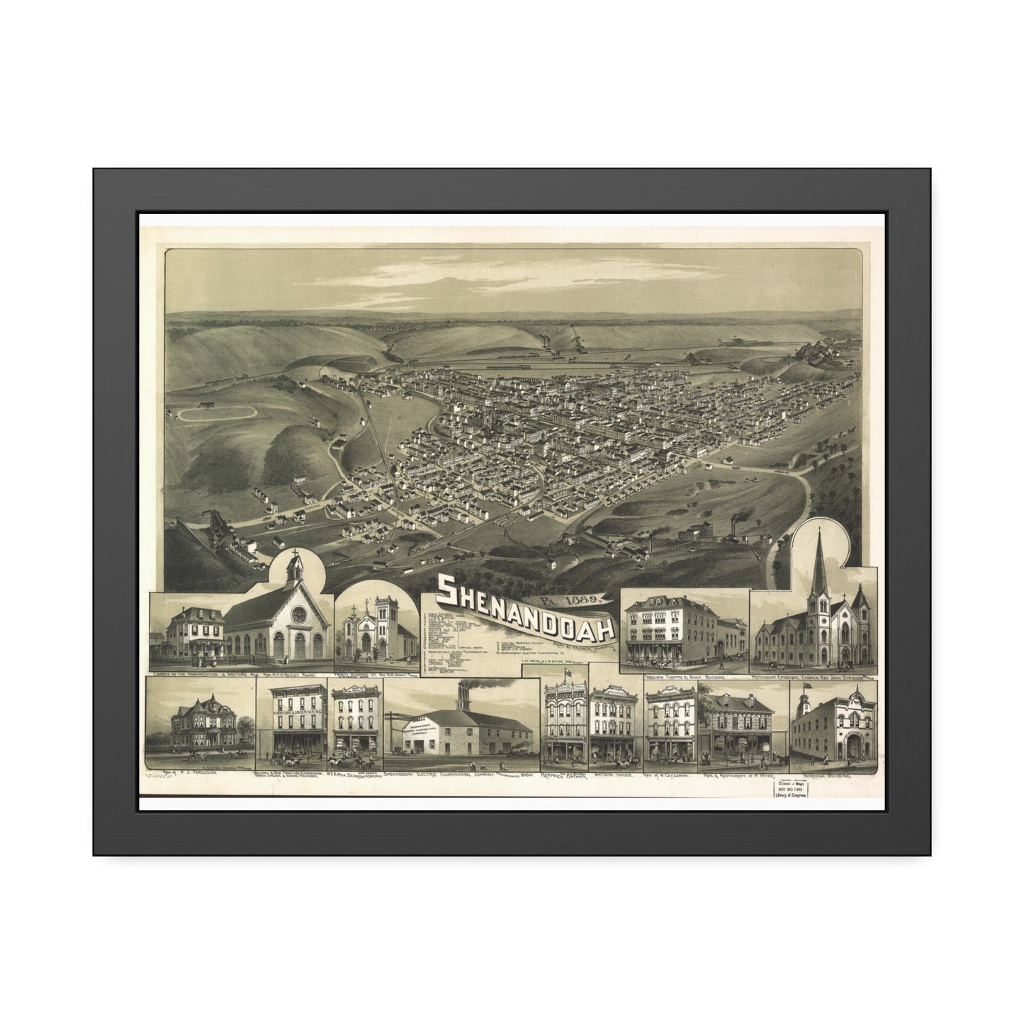 Bird's-Eye View of Shenandoah, 1889 (T. M. Fowler) — Framed