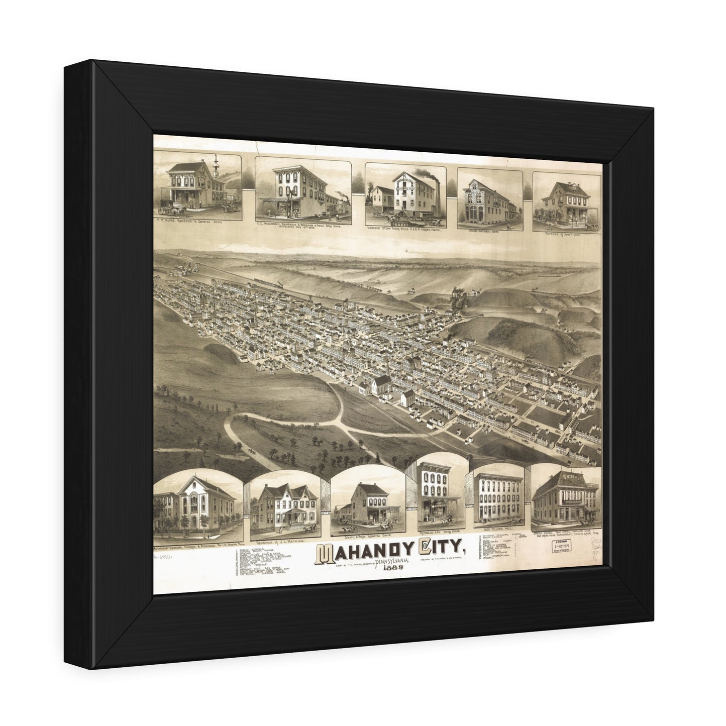 Bird's-Eye View of Mahanoy City, 1889 (T. M. Fowler) — Framed