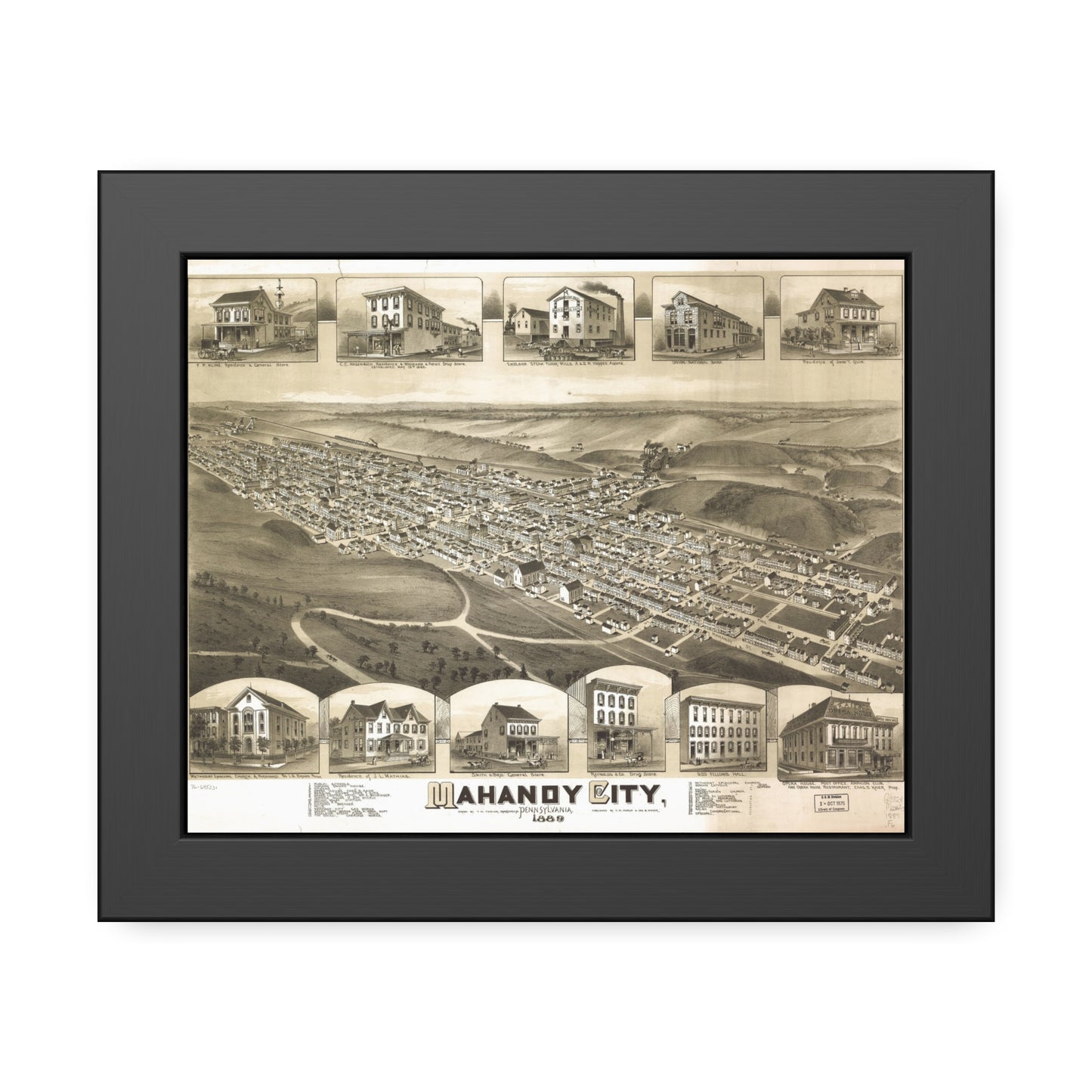 Bird's-Eye View of Mahanoy City, 1889 (T. M. Fowler) — Framed