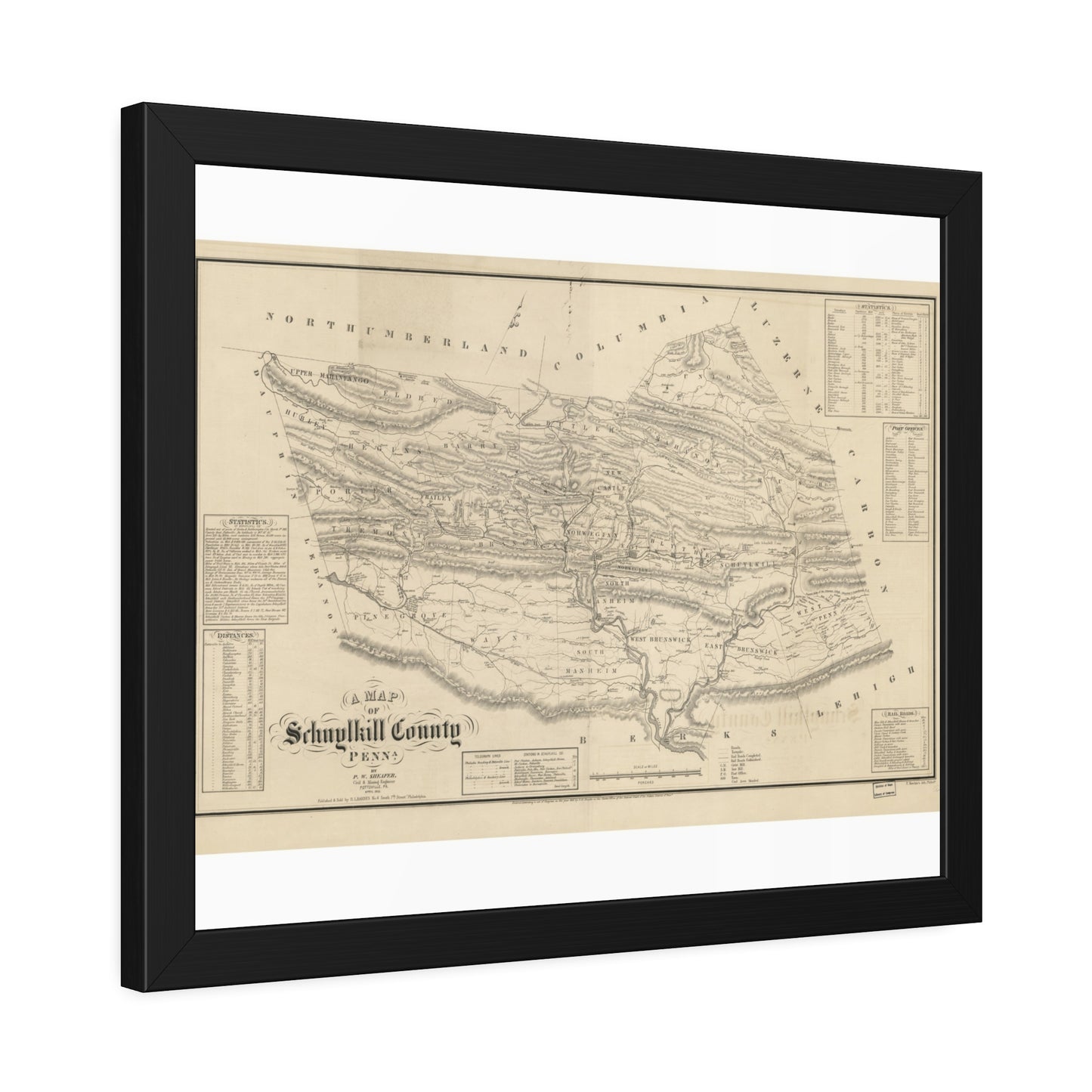 A Map of Schuylkill County, Penna. (Sheafer / Barnes) — Framed