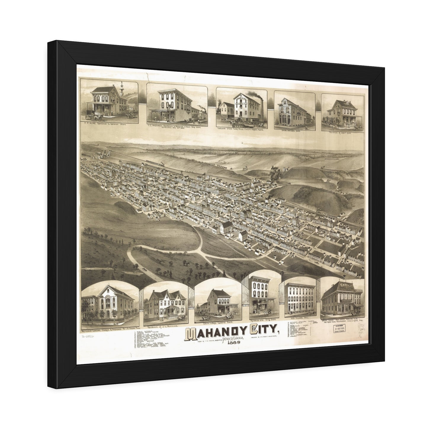 Bird's-Eye View of Mahanoy City, 1889 (T. M. Fowler) — Framed