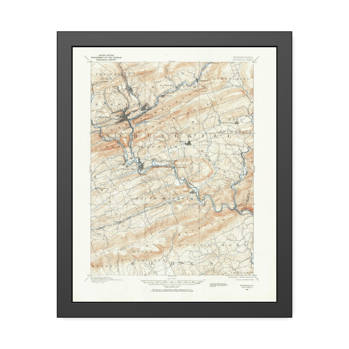 USGS Topographic Map — Pottsville Quadrangle, 1889 — Framed