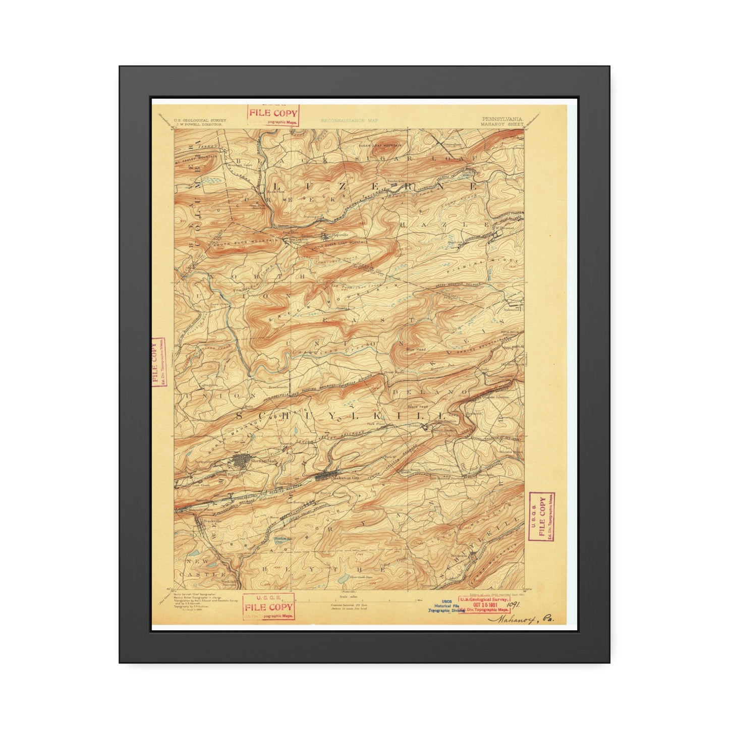 USGS Topographic Map — Mahanoy Quadrangle, 1893 — Framed