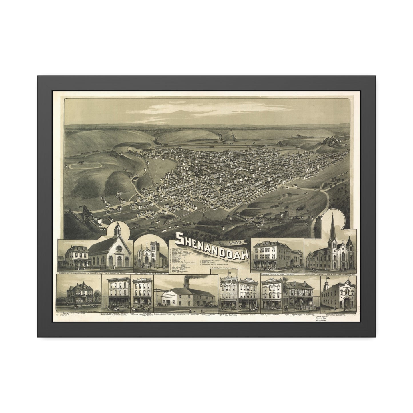 Bird's-Eye View of Shenandoah, 1889 (T. M. Fowler) — Framed