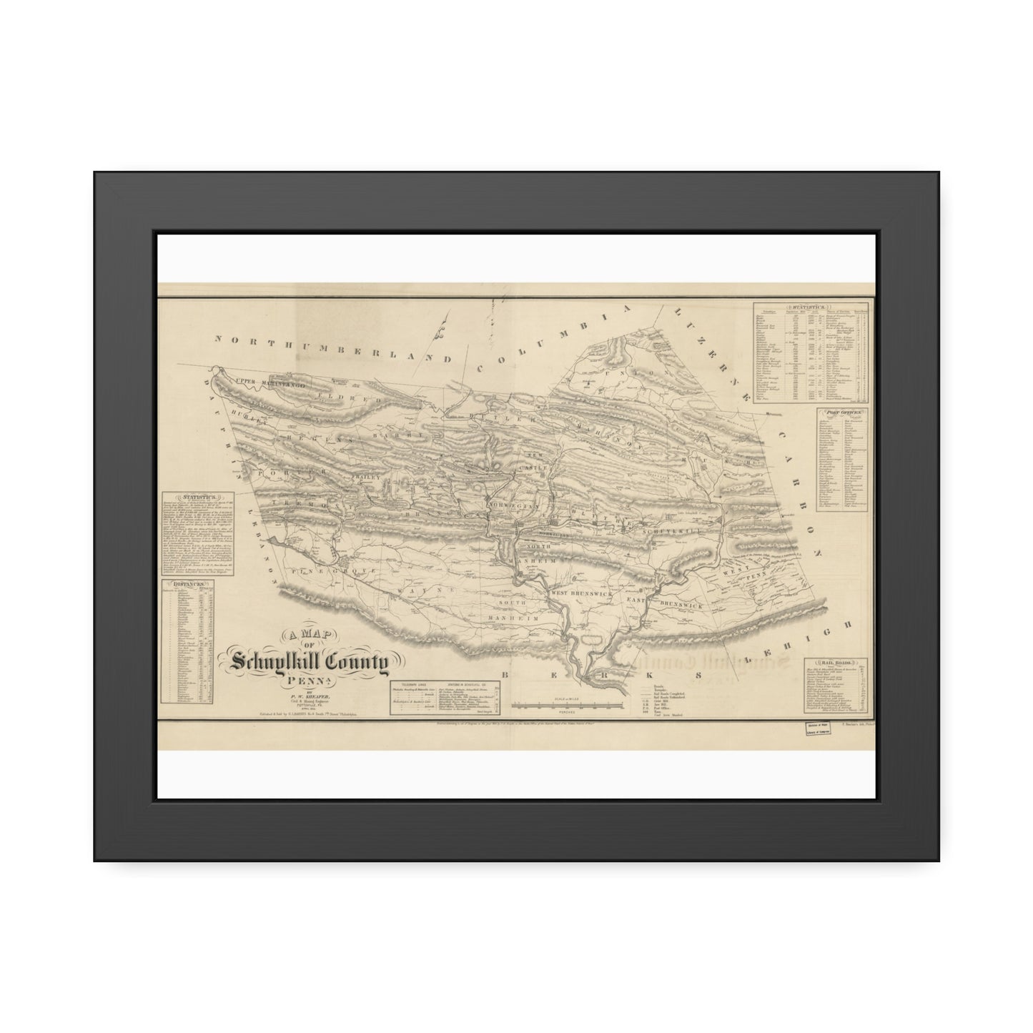A Map of Schuylkill County, Penna. (Sheafer / Barnes) — Framed