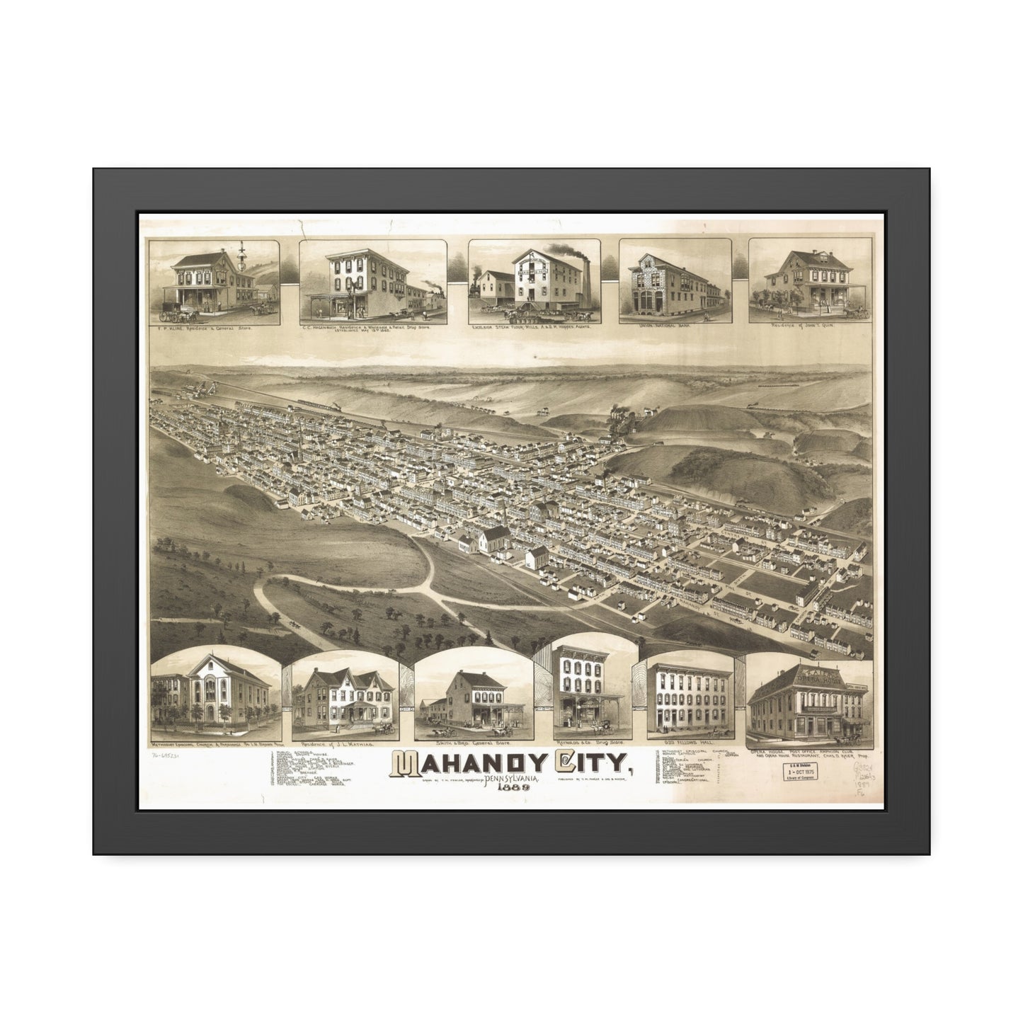 Bird's-Eye View of Mahanoy City, 1889 (T. M. Fowler) — Framed