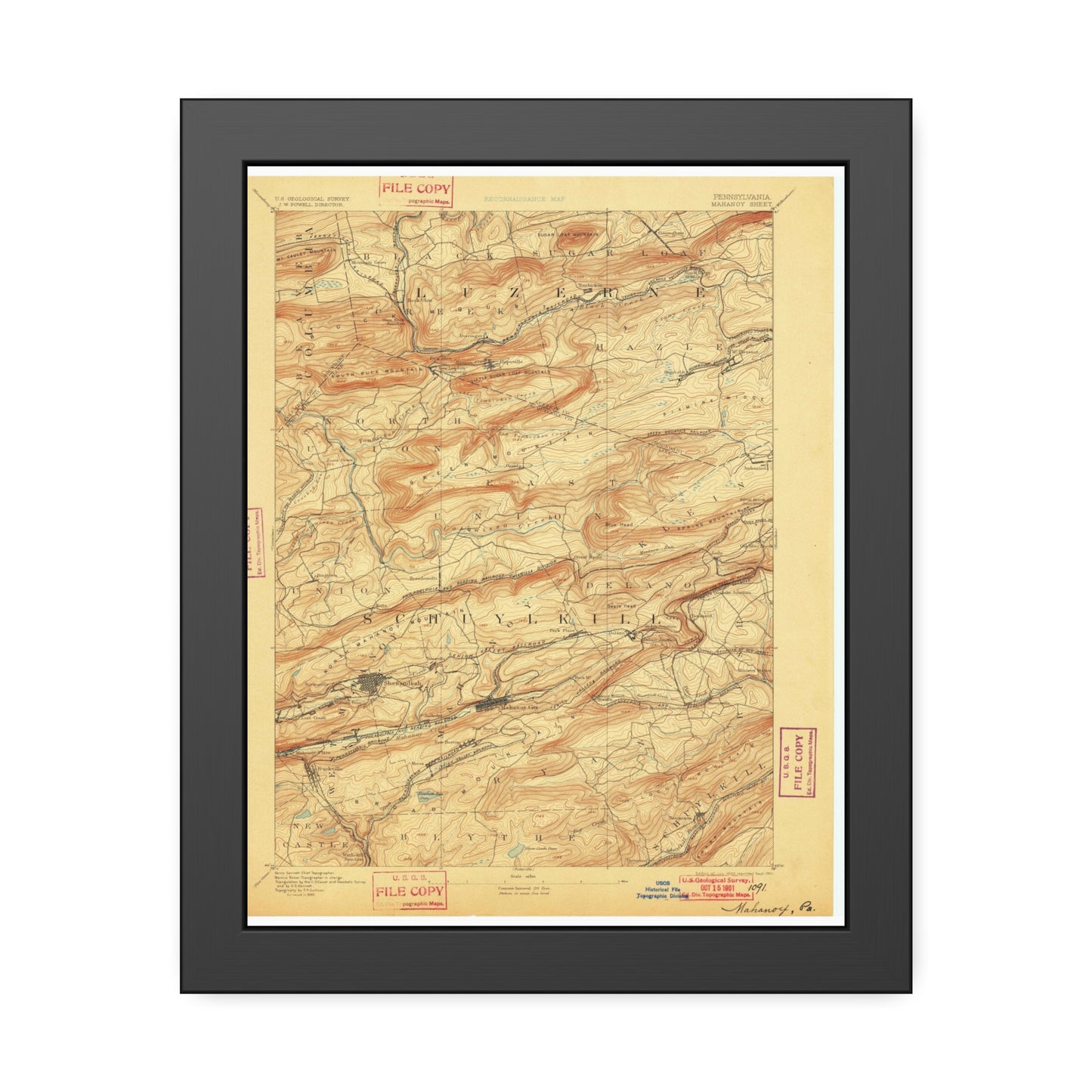 USGS Topographic Map — Mahanoy Quadrangle, 1893 — Framed