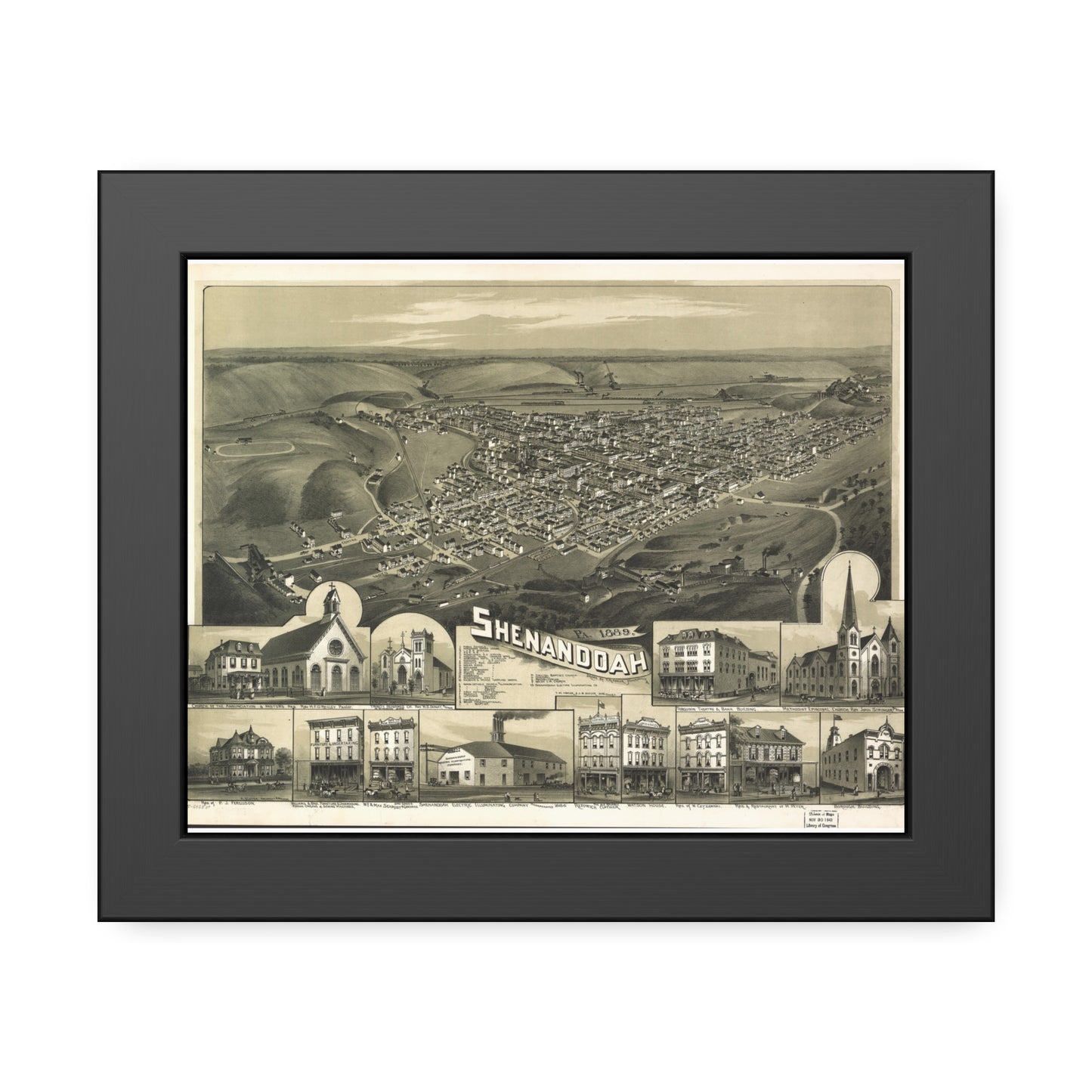 Bird's-Eye View of Shenandoah, 1889 (T. M. Fowler) — Framed