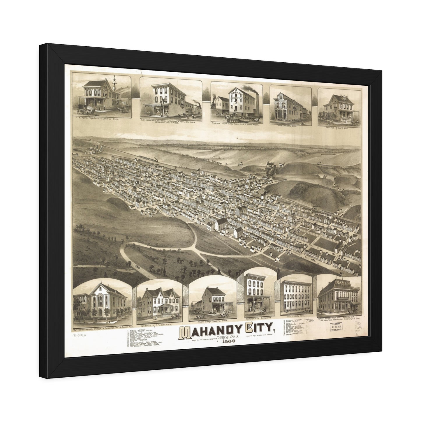 Bird's-Eye View of Mahanoy City, 1889 (T. M. Fowler) — Framed
