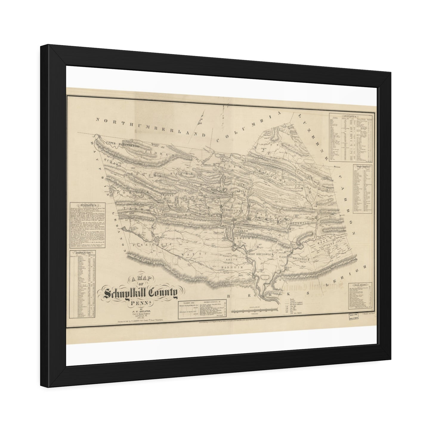 A Map of Schuylkill County, Penna. (Sheafer / Barnes) — Framed