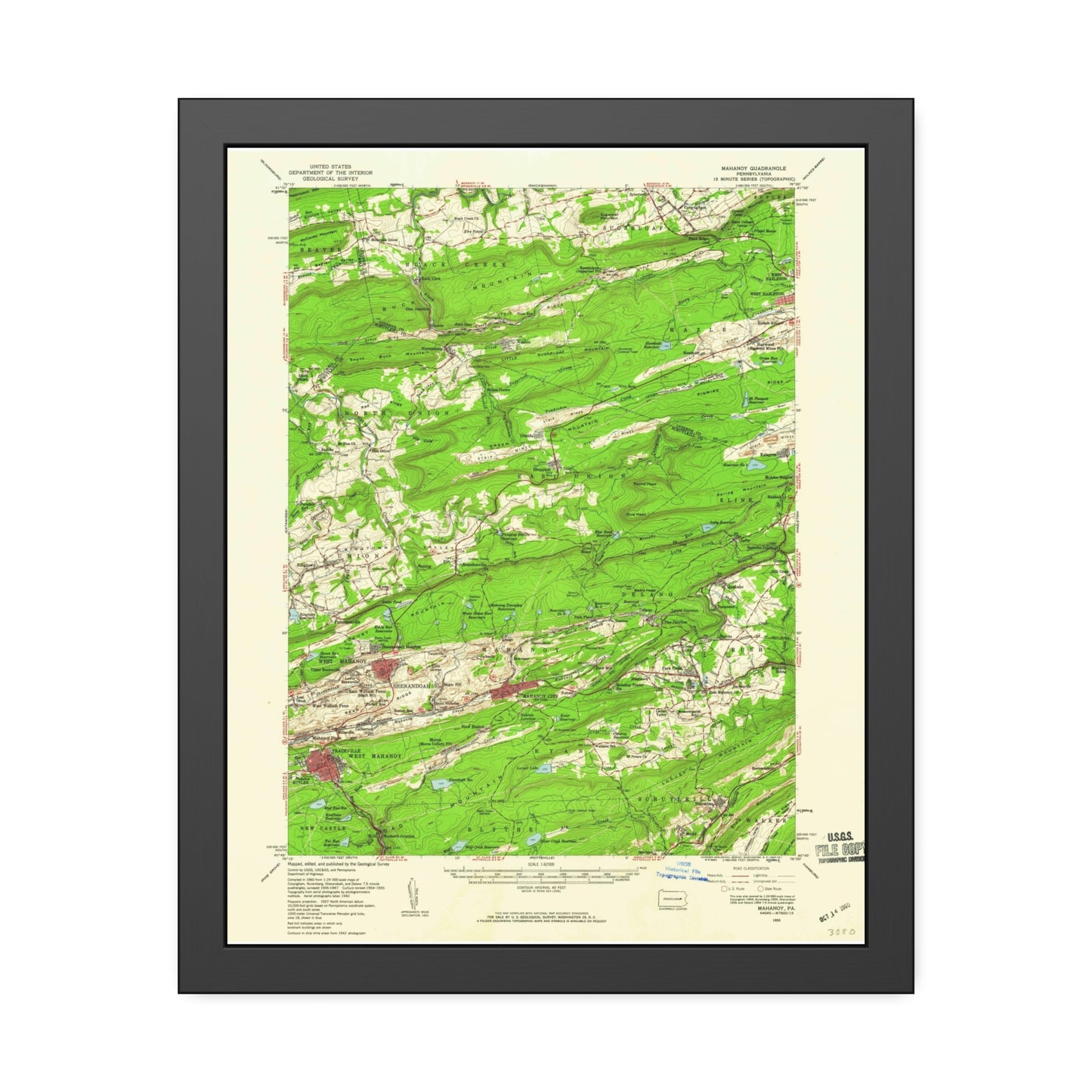USGS Topographic Map — Mahanoy Quadrangle, 1955 — Framed